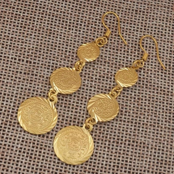 Hanging Earrings, 24k Golf Filled Coin Earrings, Lira Earrings, Arab Jewelry-New - Picture 4 of 7